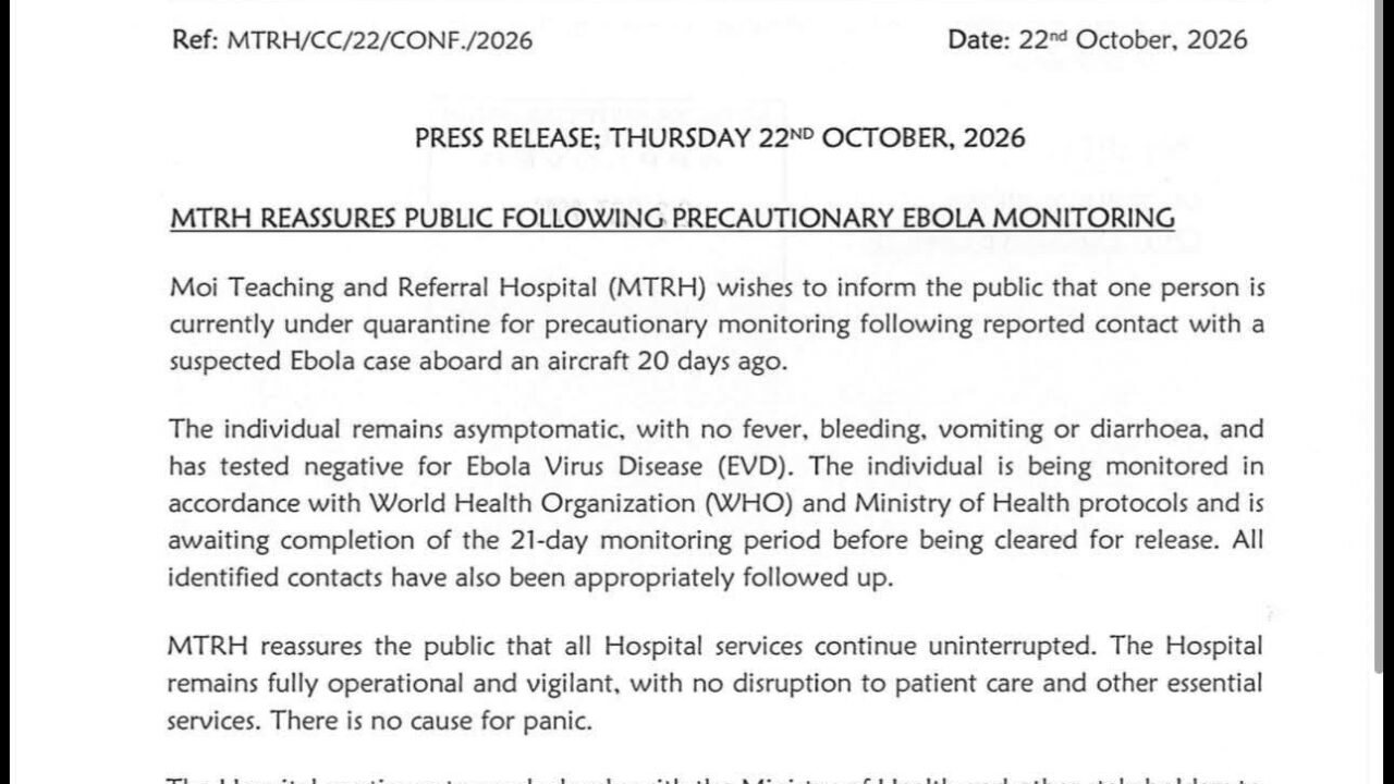 MTRH UPDATE ON PRECAUTIONARY EBOLA MONITORING