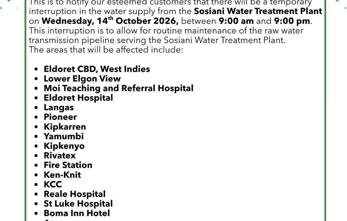 ELDOWAS Announces 12-Hour Water Disruption in Eldoret